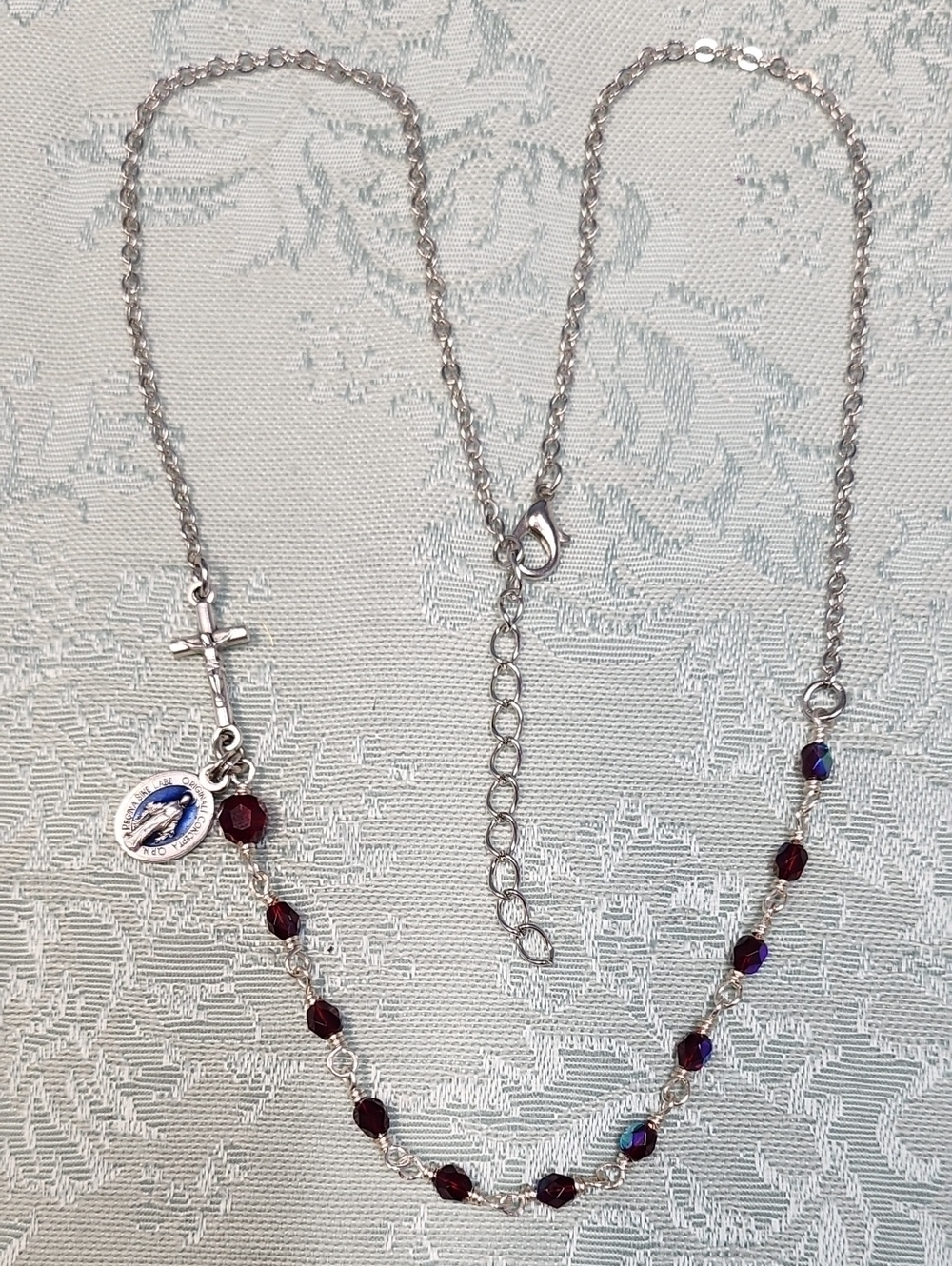 Sterling Silver Women’s Rosary Necklace with Deep Red Crystals!